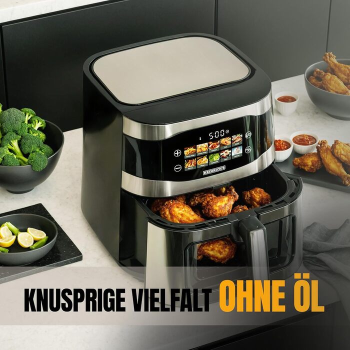 Фритюрниця повітряна HEINRICHS 9L XXL з LED-дисплеєм, 10-в-1, 1800W, без жиру, з таймером, сенсорне управління, для кухні