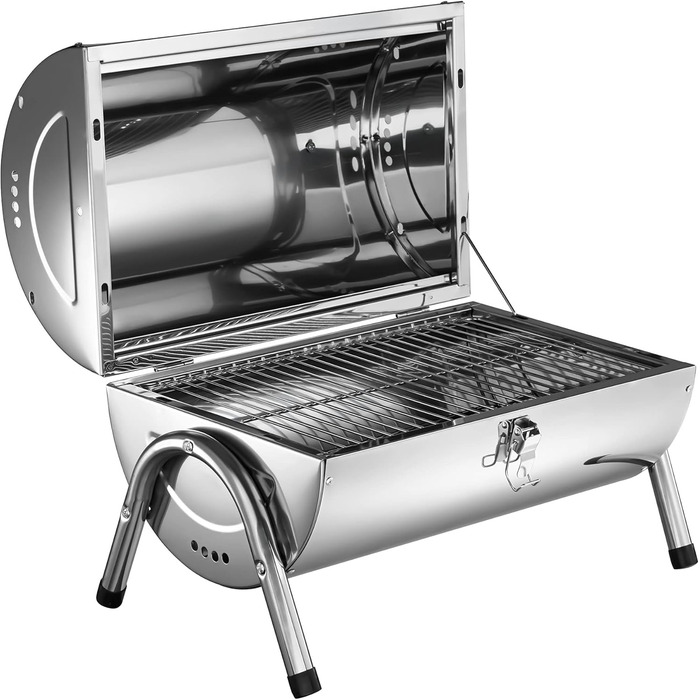 BBQ гриль із нержавіючої сталі tectake, велика подвійна решітка, для вугілля, срібний