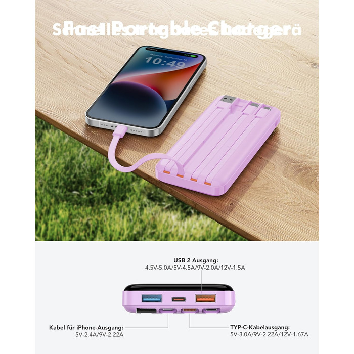 Power Bank Charmast 20000mAh з LED-дисплеєм та 4 кабелями (USB C PD3.0 QC4.0), 6 виходів, сумісний з iPhone, Samsung, Tablet, фіолетовий