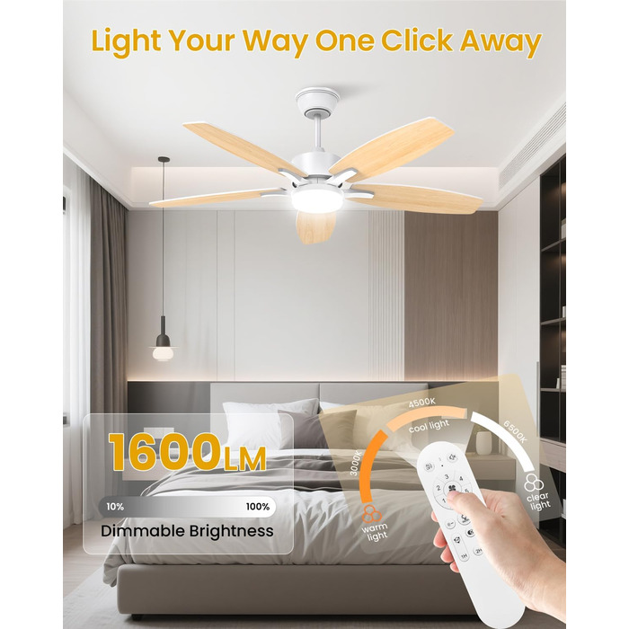 Стелянка вентилятор 106 см з підсвіткою, двосторонні лопаті, тихий вентилятор з LED-лампою та пультом керування, для спальні/вітальні, DC мотор, штанга світлого дерева