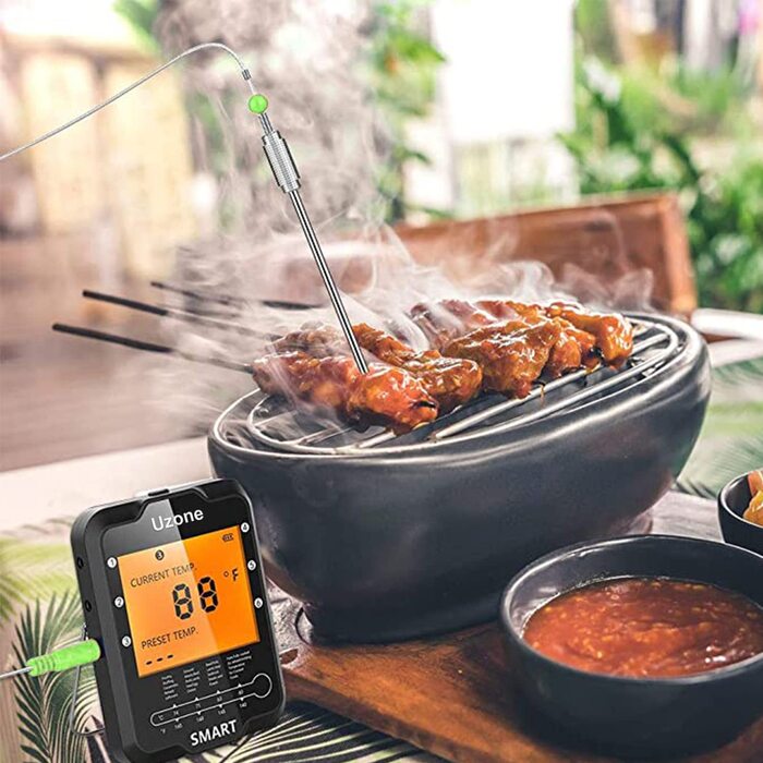 Uzone Wireless Meat Thermometer, Digital Bluetooth Thermometer with APP 100m Remote Monitoring, Grill Thermometer for Smoker Roasting BBQ Oven Thermometer, LCD Backlit Screen, 4 Probes (Probe)