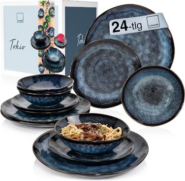 Singer | Tokio 24-Piece Dinnerware Set, Tableware Set for 8 People, Stoneware Tableware Set, Dinnerware, Modern Handmade, Dark Blue Dinner Service with Black Accents | PREMIUM COLLECTION
