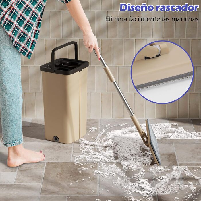 Набір для миття підлоги з відром, 2 в 1, з регульованою ручкою з нержавіючої сталі та 6 мікрофібровими насадками, для плитки та ламінату, сіро-коричневий