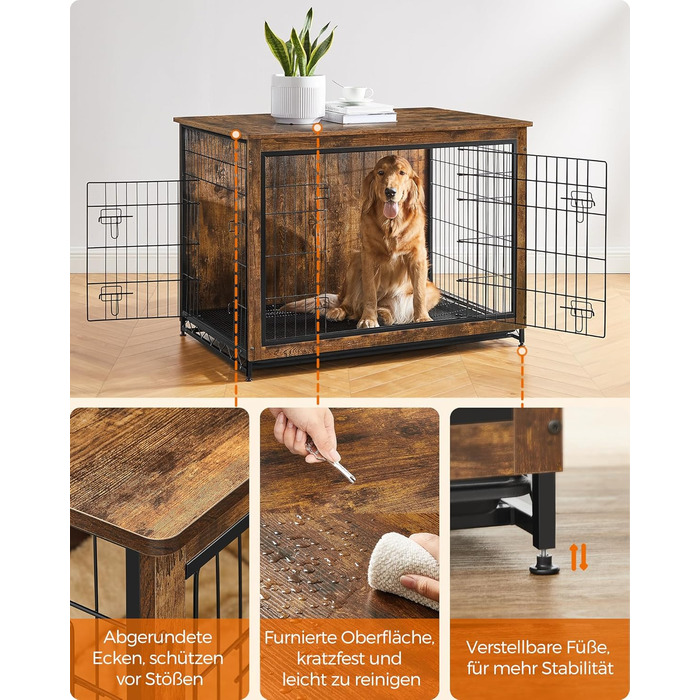 Клітка для собак Feandrea з функцією столику, сучасна собача будка для собак до 36 кг, міцна, для дому, з висувним піддоном, 2 двері, вінтажний коричневий PFC004X01, 112 x 75 x 82 см