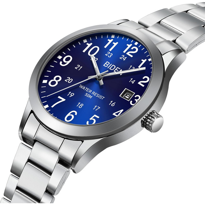 Годинник чоловічий LENQIN з нержавіючої сталі, аналоговий кварцовий годинник на зап'ястя, водостійкий 30M, стильний повсякденний годинник для чоловіків (01 - Сріблястий/Синій)