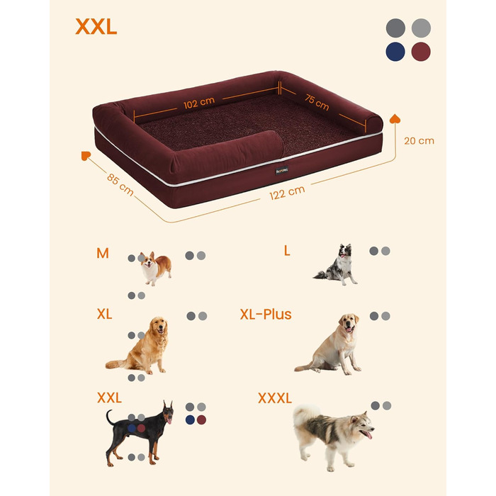 Feandrea Orthopedic Dog Bed, Dog Cushion, Dog Basket, Soft Padding, Dog Sofa, Raised Edges, Removable and Washable Cover, 91 x 71 x 20 cm, Non-Slip Bottom, PGW076G01 (L 120 x W 85 x H 20 cm, Berry Red)