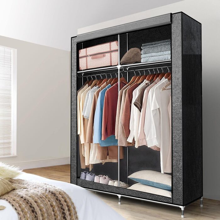 Folding Wardrobe 108x45x170 cm in GRAY - Fabric Clothes Closet with Zipper and Clothes Rail, Side Pocket and Compartments - Shelving Unit, Metal Frame, Storage