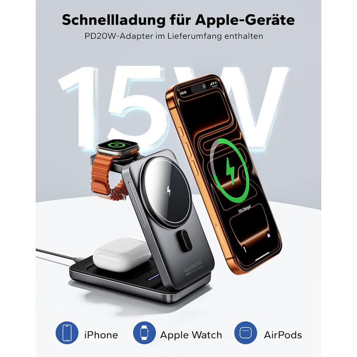 KPON Станція зарядки MagSafe для Apple Watch та iPhone, 3 в 1. Швидка зарядка для iPhone 12-17, Apple Watch 11-2, AirPods. Підходить для подорожей та офісу. В комплекті адаптер 20W.