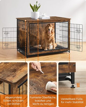 Клітка для собак Feandrea з функцією столику, сучасна собача будка для собак до 36 кг, міцна, для дому, з висувним піддоном, 2 двері, вінтажний коричневий PFC004X01, 112 x 75 x 82 см