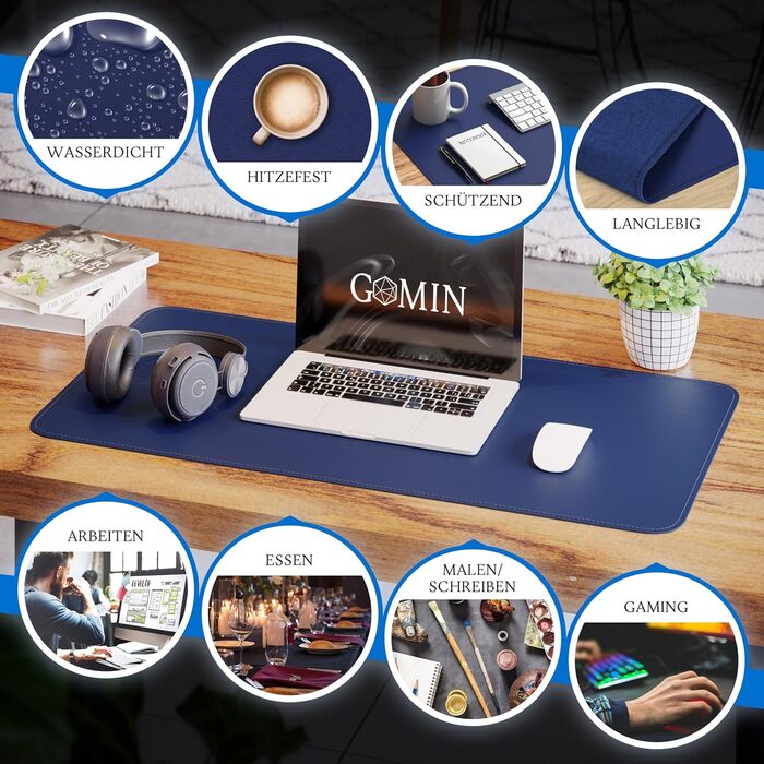 Підкладка на стіл GOMIN 80x40 см, PU шкіра, водонепроникна, синя - килимок для миші XXL для офісу та дому