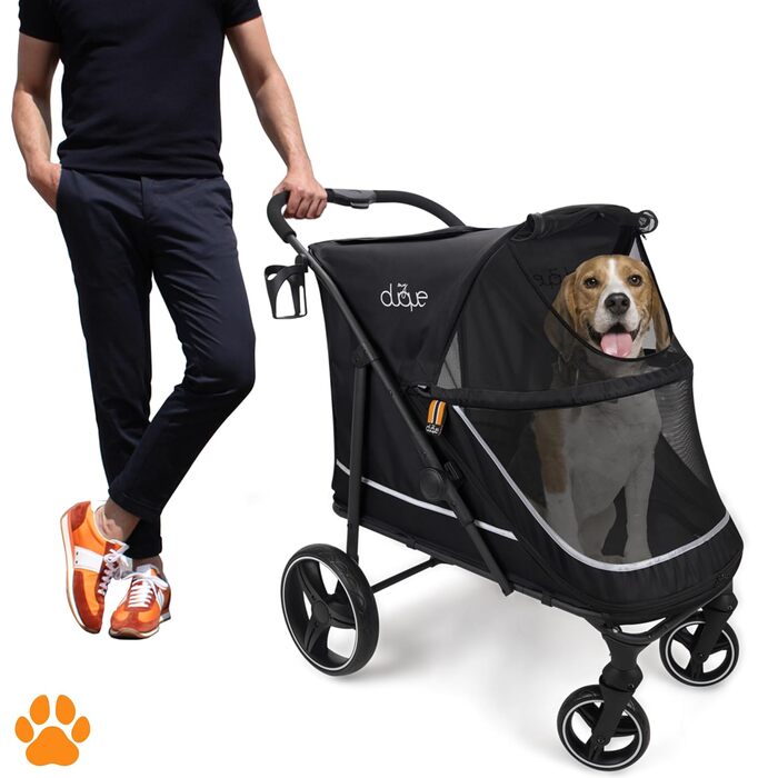 Візок для собак XL CHAMP – зручний та місткий, для великих собак, котів, з дощиковим чохлом, тримачем для напоїв та місцем для зберігання, вантажопідйомність до 50 кг, чорний