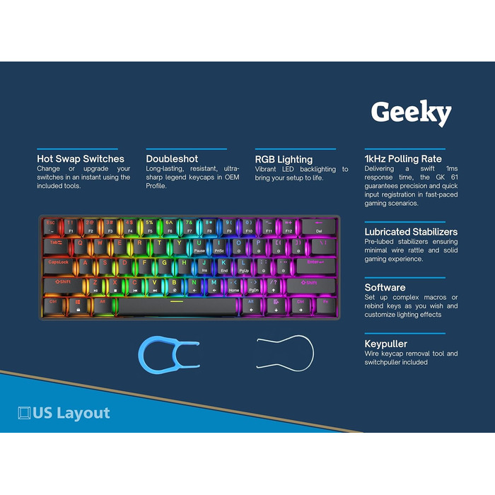 Geeky GK61: Механічна ігрова клавіатура 61% з RGB підсвічуванням | Hot-Swap | ANSI US | Speed Silver Switch (Чорний)