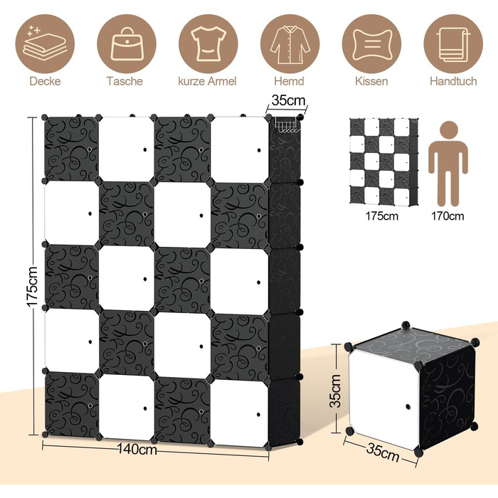Wardrobe, Portable Shelf System, 20 Cube DIY Shelf System Wardrobe Open Plastic Closet with Doors Wardrobe Closet White 180 x 142 x 37CM (20 Cubes - Black and White with 2 Clothes Hooks)