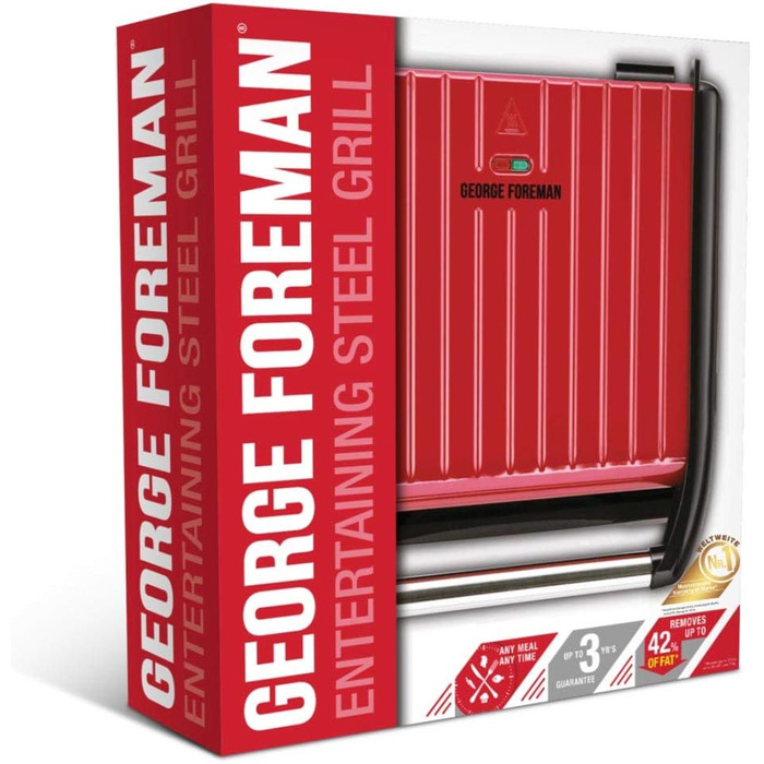 George Foreman Contact Grill & Panini/Sandwich Maker - 24x17cm, 3-Portion Size - Steel Red - Reduces Up to 42% Fat