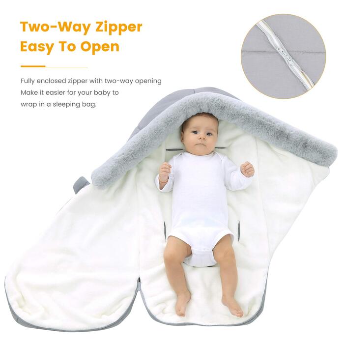 Orzbow Baby Footmuff Stroller Winter Footmuff Buggy, Baby Sleeping Bag Car Seat Winter, with Two-Way Zipper Washable Detachable Faux Fur Collar Fits All Strollers (Light Grey)