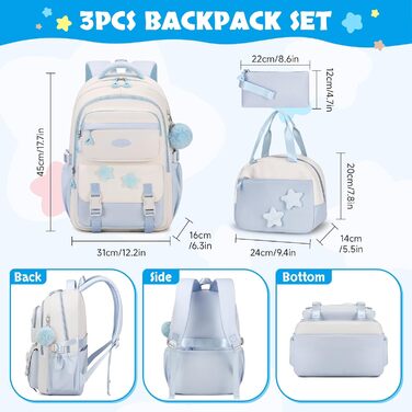 Шкільний рюкзак для дівчинки Lässig 3 в 1: рюкзак, ланчбокс, пенал. Підходить для 2-5 класів. Набір для підлітків та дітей. Колір: блакитний