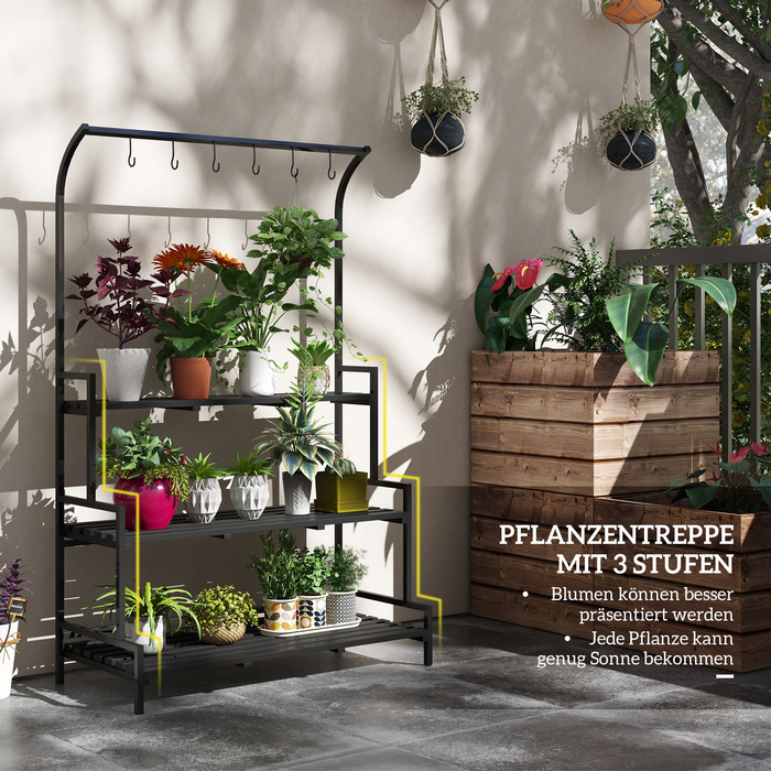 Outsunny 3-Tier Plant Stand Flower Stand with 6 Hooks, Black Steel Plant Ladder, 110x50x170cm for Garden and Balcony