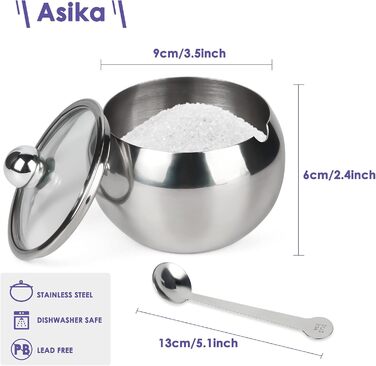 ASIKA цукорниця з нержавіючої сталі з прозорою кришкою і ложкою, барабанної форми, 240 мл, маленька баночка для спецій для дому та кухні