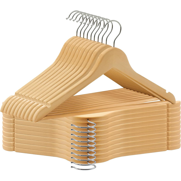 20 дерев'яних вішалок для одягу, 360° обертання, антиковзкі насічки, для костюмів, курток, сорочок, суконь, 44,5 x 0,85 x 21,5 см, AWY0520N, натуральний колір