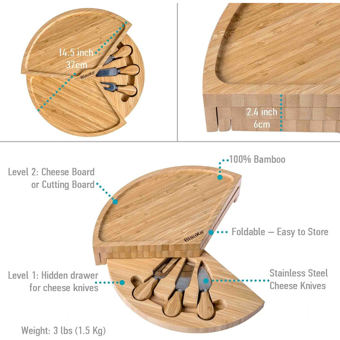 Bamboo Cheese Board with Cheese Knife Set – 37cm Round Wooden Serving Platter for Cheese and Appetizers – Rotating Cheese Board – Cheese Board Charcuterie Board – Gift Idea