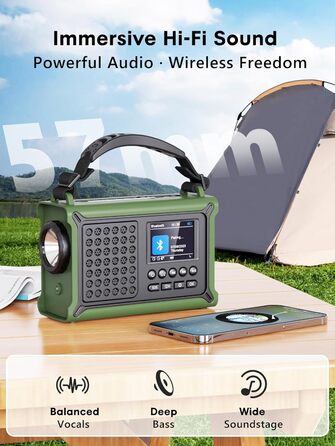 ROCAM Портативне радіо DAB+ з Bluetooth, 12000mAh, радіо з ручкою, сонячна панель 8500мм², 650mA, DAB/UKW, 2.4' дисплей, 80 станцій, LED ліхтарик, USB, SOS, IPX6, для надзвичайних ситуацій, зелене