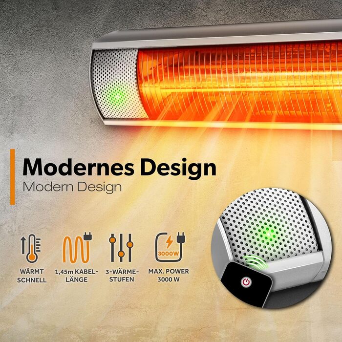 Інфрачервовий обігрівач TRESKO 3000W з пульт дистанційного керування | Тепловий струмінь для тераси, електричний, 3 режими | Тепловий струмінь для тераси, внутрішній та зовнішній | Настінний інфрачервовий обігрівач, обігрівач для пеленального столику (срі
