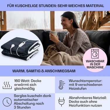 Електрична ковдра Klarstein XXL з підігрівом 120W, автоматичним вимкненням, для ліжка, дивана та кемпінгу, велика, енергозберігаюча, пральна, сіра (200x180 см)