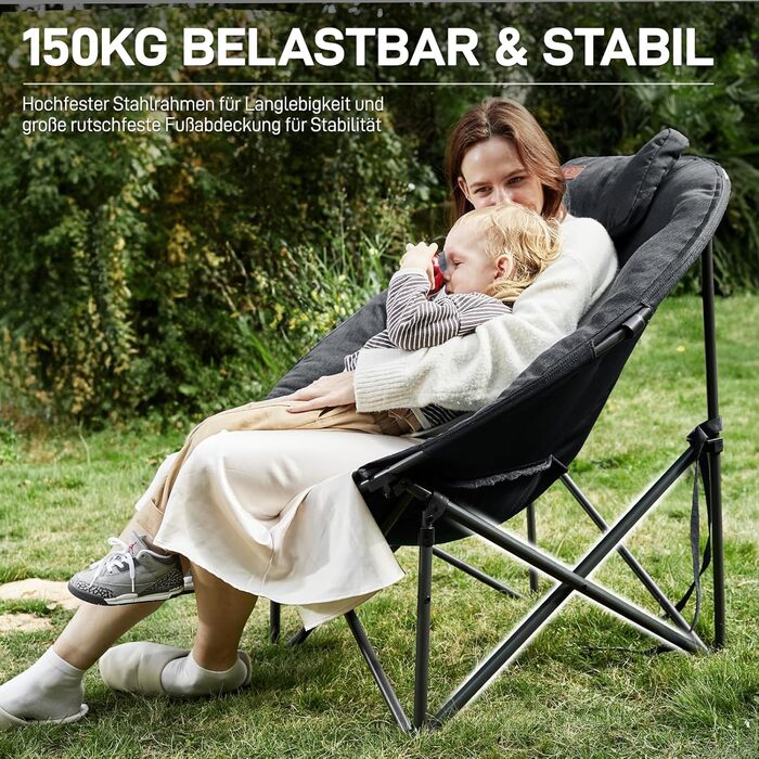 Крісло-місяць EVER ADVANCED Luxus XXL для кемпінгу, складне, до 150 кг, чорне. З подушкою, для саду, балкону, приміщення.