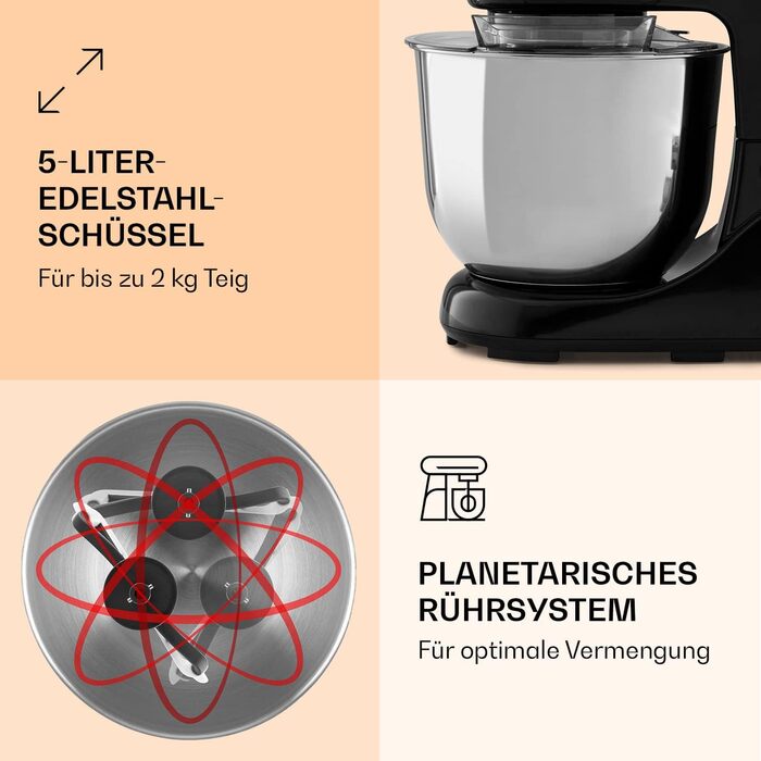 Klarstein 1300W Stand Mixer - Kitchen Machine for Baking, 6-Speed, 5L Bowl, Planetary Mixer with Dough Hook, Whisk & Beater - Black