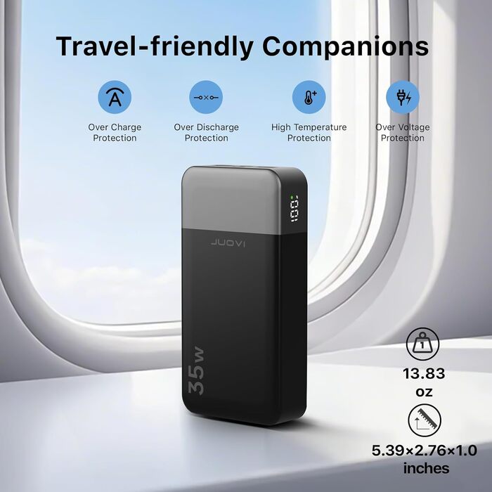 Powerbank JUOVI 20000mAh з LED дисплеєм: швидка зарядка 35W, 2 USB-C, 2 USB-A, PD 3.0, QC 4.0, синій