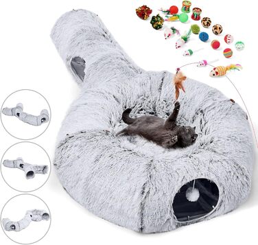 Odoland Cat Tunnel - Large Cats, Foldable Cat Tunnel with Play Ball Cat Bed, Multifunctional Crinkle Tunnel Cat Cave Interactive Toy for Indoor Kittens