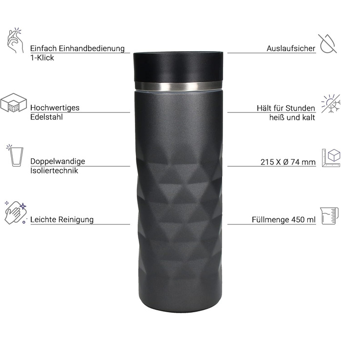 Термокружка Diamond з нержавіючої сталі Elasto Premium | 450 мл | Зберігає тепло та холод | Без BPA | Матова, блискуча (Шифер сірий)