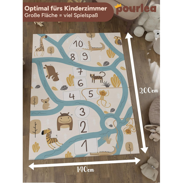 Дитячий килимок pourlea® двосторонній, Oeko Tex, з антиковзкою підкладкою, 140x200 см, ігровий килим Safari та автодороги, для дитячої кімнати, бежевий