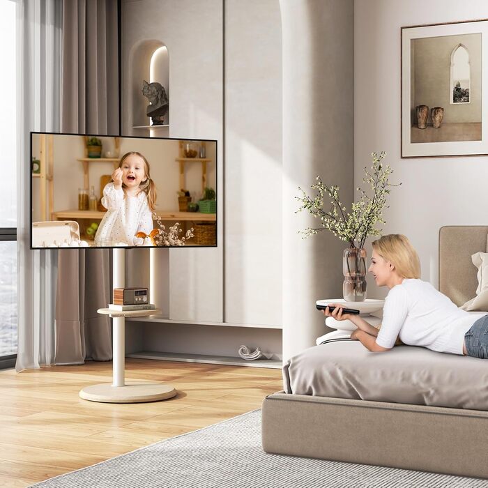 Підставка для телевізора RFIVER мобільна з роликами, біла, 32-65 дюймів, з поличкою, регульована висота та нахил, до 40 кг, VESA 400x400 мм