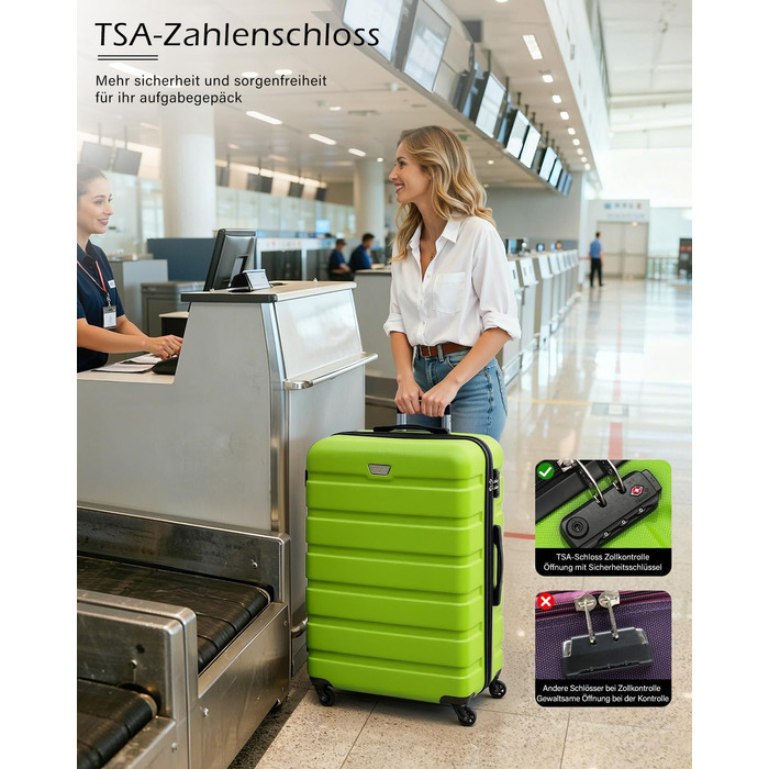 Набір валіз COOLIFE 3 шт. (M, L, XL) з ABS+PC, зелений, з TSA замком та обертовими колесами