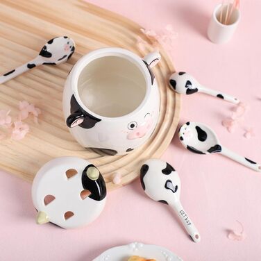 Ceramic Measuring Spoon Set with Cow Pattern, 4-Piece, for Dry or Liquid Ingredients, with Measuring Cup Set, Microwave Safe, Hand Wash Recommended