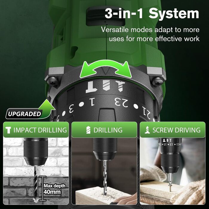 Ginour 21V акумуляторний ударний дриль-шуруповерт, комплект 47 предметів, сумісний з Makita 18V, 50 Nm, 2 швидкості, LED, 10 мм