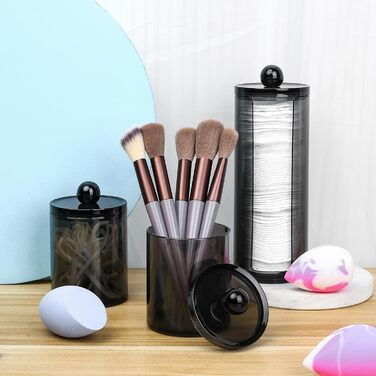 Організатор для косметики Gomoeny: 3 тримачі для ватних паличок, чорні аптекарські склянки для ванної кімнати, для ватних паличок, круглі ватні диски, вати, спонжів для макіяжу, пінцетів (B)