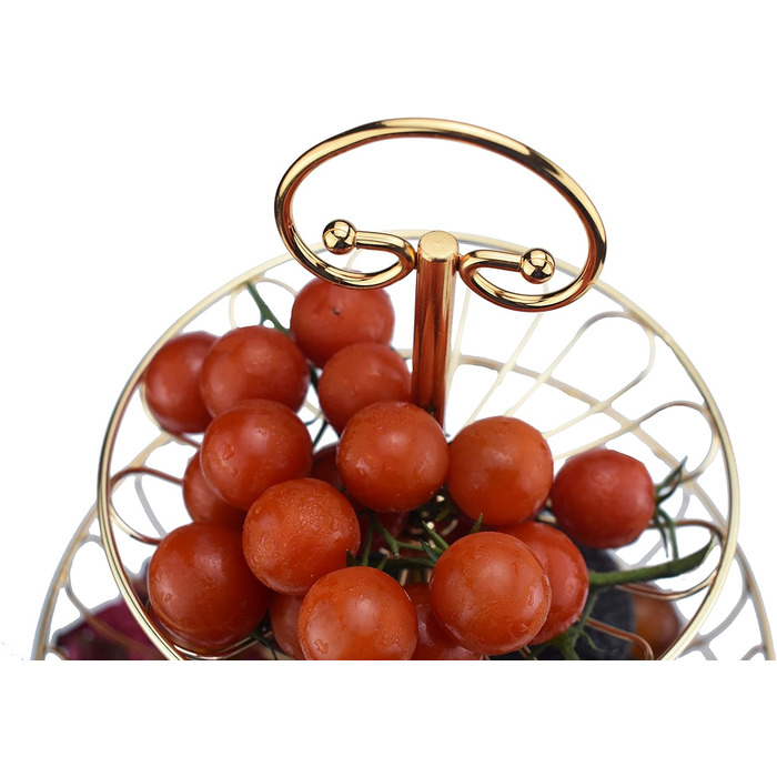 Металевий кошик для фруктів та овочів з ручкою - 3 яруси, великий, з нержавіючої сталі, з циркуляцією повітря (45 см, Ø30-24-16.5 см), золотий