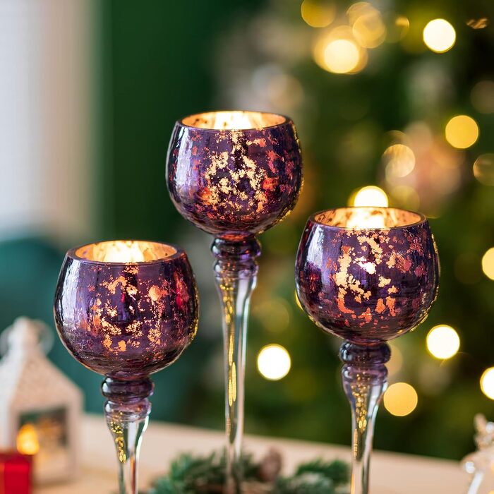 Glass Tealight Holder Set - 3 Pieces Mercury Glass Candle Holders for Table Decoration. Tealight Glasses for Pillar and Floating Candles, Christmas, Living Room Decor (Purple)