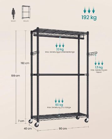 Вішалка-стійка для одягу на колесах SONGMICS, металевий гардероб (90 x 40 x 199 см)