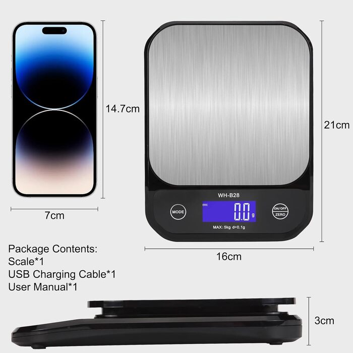 Водонеробочі кухонні ваги 3T6B IP67, USB, 5 кг/0.1 г, LED-дисплей для приготування їжі та випічки
