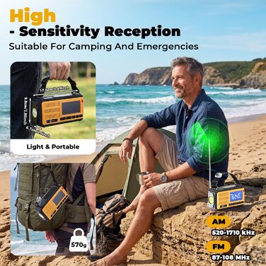 Радіоприймач Esky Kurbelradio з сонячною батареєю, 10000mAh, AM/FM, USB-зарядка, LED-ліхтарик, SOS-сигнал, компас, для кемпінгу та надзвичайних ситуацій, жовтий