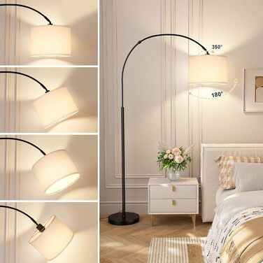 Торшер для вітальні Stehlampe з димером, LED E27, пульт ДУ, 3000K-6000K, бежевий (білий абажур + чорна база). Регульований кут нахилу 350°, висота 180 см.