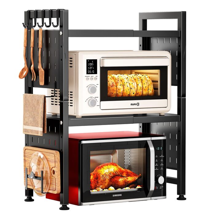 Стійка для мікрохвильової печі SAYZH, 2-рівнева розширювана, з 10 гачками, чорна