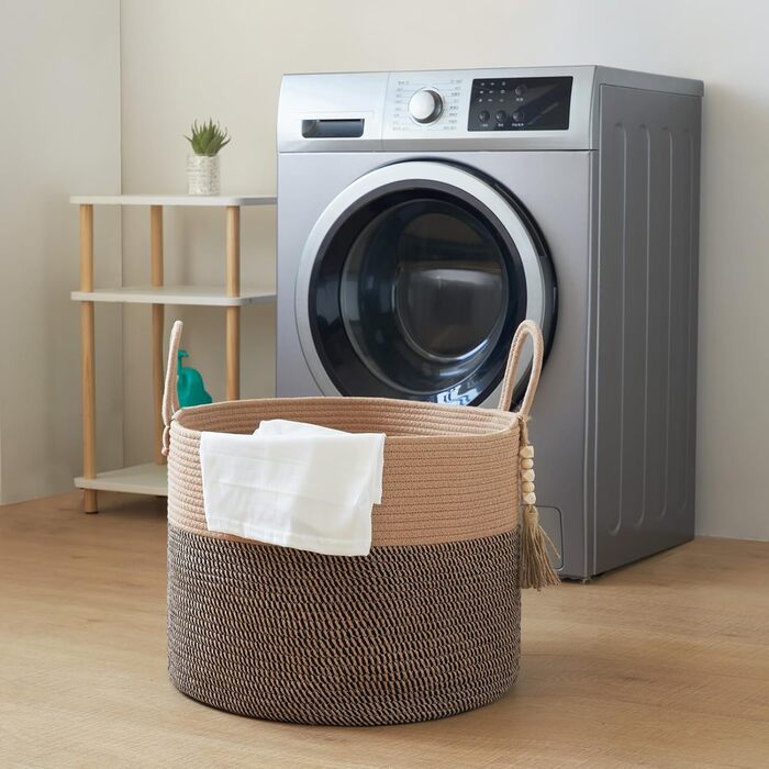 YOUDENOVA Woven Laundry Basket Large 65L Basket Storage Basket Blanket Toy Basket for Living Room Children's Room Storage Basket Laundry Collector 50x33 (Jute & Black, 50cm(D) x 33cm(H))