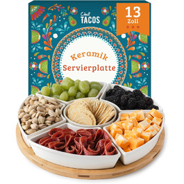 Ceramic Taco Serving Platter - Divided Serving Tray for Taco Tuesday Lazy Susan Taco Bar - Chip and Dip Serving Set for Party - Appetizer Serving Tray for Salsa, Snacks (33 cm)
