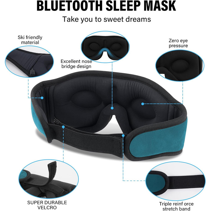 Маска для сну з Bluetooth-навушниками, 3D маска для сну, бездротова музична маска для сну для тих, хто спить на боці/спині, навушники для сну (Цянова)