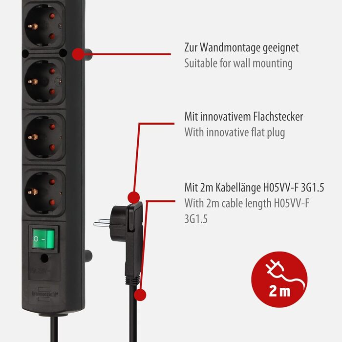 Брененштуль Comfort-Line Plus Розподільник розеток 4-fach з вимикачем, 2м кабелем та широкими проміжками між розетками, чорний