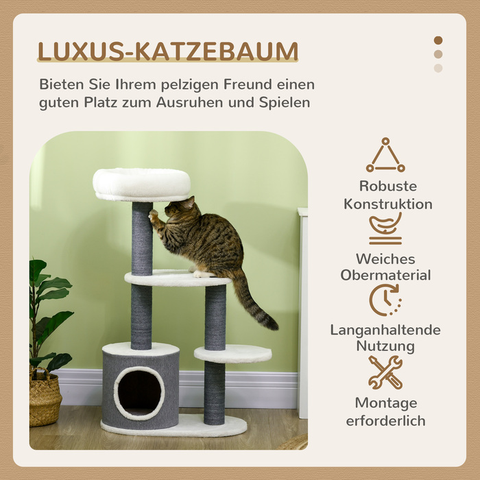 PawHut Драбина для котів з 1 котячою печерою, 1 ліжком для котів, 2 платформами, стовпчиками з джгутового мотузка, білий + сірий
